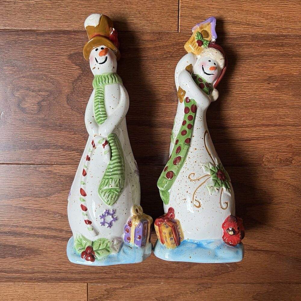 Flomo Snowman Figurines Set Christmas Ceramic Holiday Decor Hand Painted 7” Pair